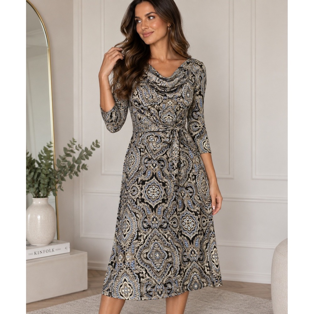 Antonio Melani Blue Tan Paisley Faux Wrap Sheath Dress Size S 3/4 Sleeve 12405